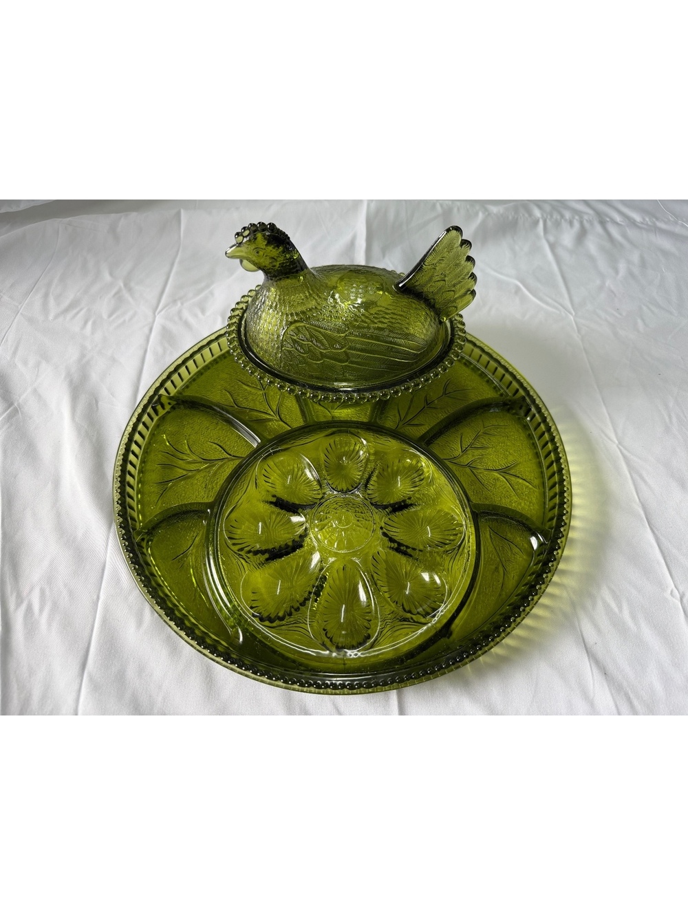 Indiana Glass Olive Green Hen on Nest & Egg Hors D’oeuvre Tray (orig box) Set